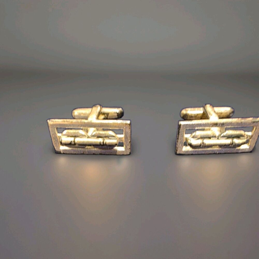 Vintage Hickok USA Silver Tone Rectangle Chain Link Cufflinks MCM Signed Toggle
